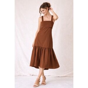 Theory Tie-Back Midi Dress Women Sz S Brown Stretchy Linen Blend Summer